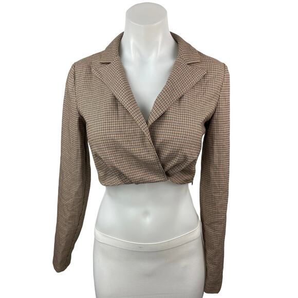 Zara Tops - Zara Beige Houndstooth Collared Notch Lapel Long Sleeve Blazer Crop Top Size XS